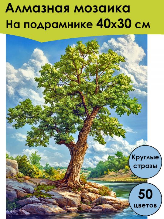 Алмазная мозаика на подрамнике «Одинокий дуб» 40x30 см, 50 цветов