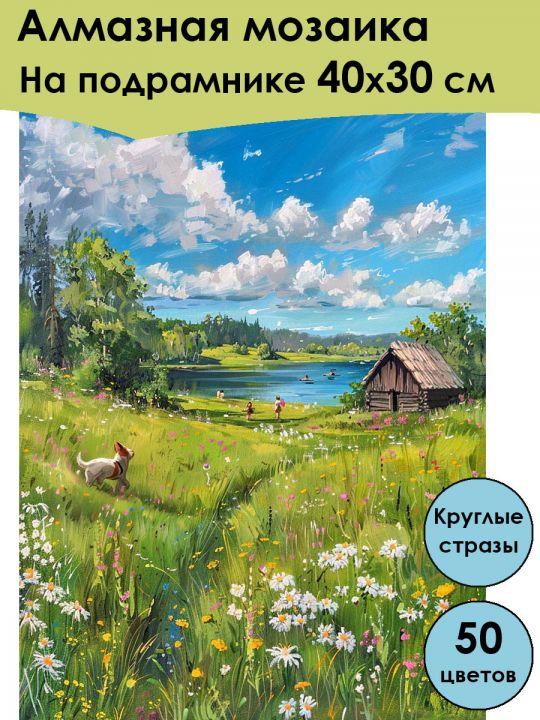 Алмазная мозаика на подрамнике «Лето в деревне» 40x30 см, 50 цветов