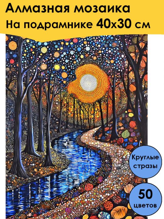 Алмазная мозаика на подрамнике «Отражение ночи» 40x30 см, 50 цветов