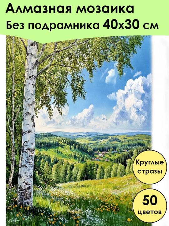 Алмазная мозаика без подрамника «Береза на холме» 40x30 см, 50 цветов