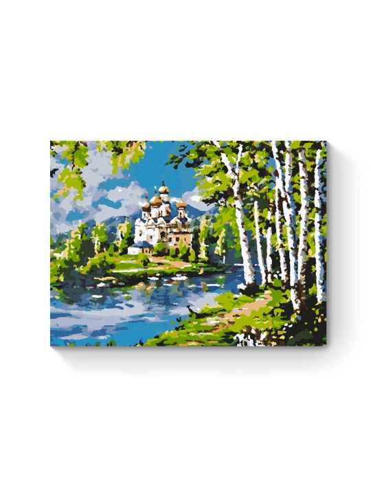 Картина по номерам на подрамнике «Храм у реки» 40x30 см