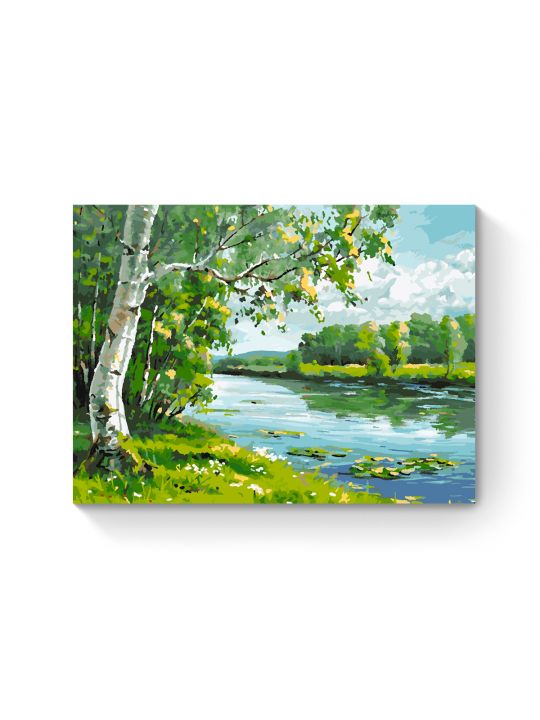 Картина по номерам на подрамнике «Береза у реки» 70x50 см