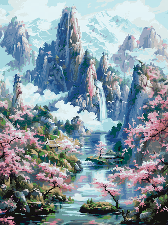 Картина по номерам без подрамника «Сакура и горы» 130x100 см Картина по номерам без подрамника «Сакура и горы» 130x100 см