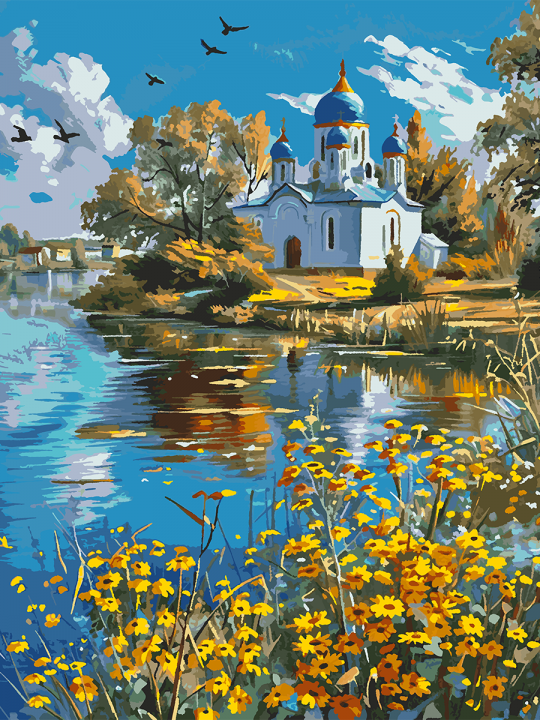 Картина по номерам без подрамника «Храм у воды» 130x100 см