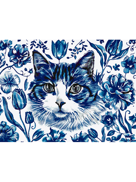 Картина по номерам без подрамника «Кошка Гжель» 70x50 см Картина по номерам без подрамника «Кошка Гжель» 70x50 см