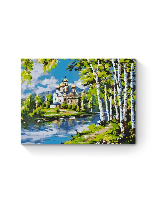 Картина по номерам на подрамнике «Храм у реки» 70x50 см