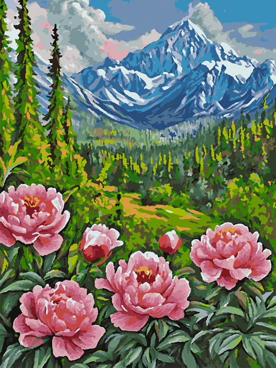 Картина по номерам без подрамника «Пионы в горах» 70x50 см