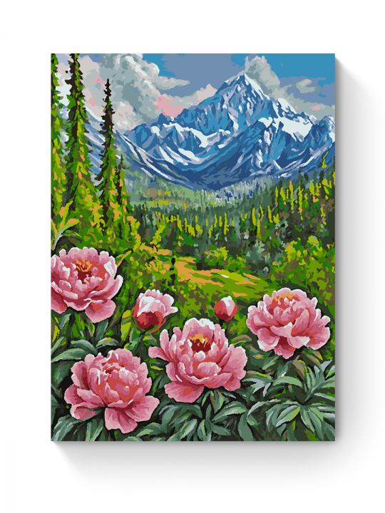 Картина по номерам на подрамнике «Пионы в горах» 70x50 см