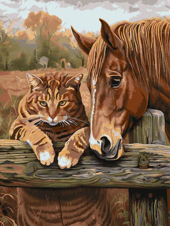 Картина по номерам без подрамника «Кот и лошадь» 130x100 см