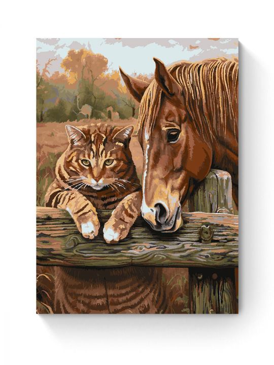 Картина по номерам на подрамнике «Кот и лошадь» 90x70 см