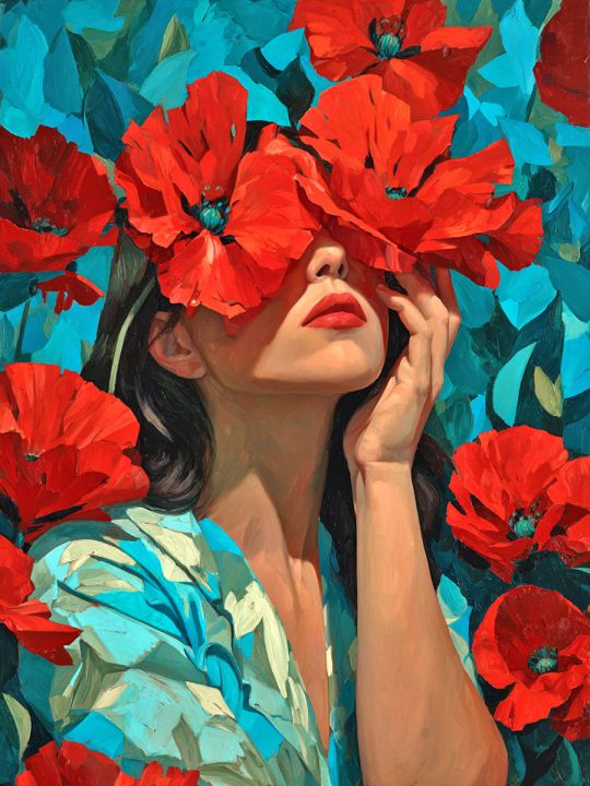 Алмазная мозаика без подрамника «Девушка и маки» 50x40 см, 50 цветов