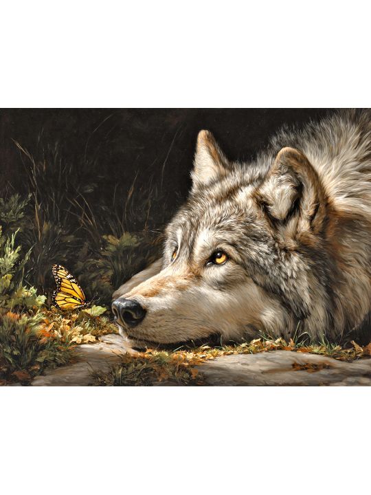 Алмазная мозаика без подрамника «Волк и бабочка» 70x50 см