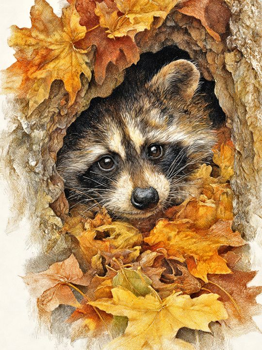 Алмазная мозаика без подрамника «Енот и осень» 70x50 см, 45 цветов