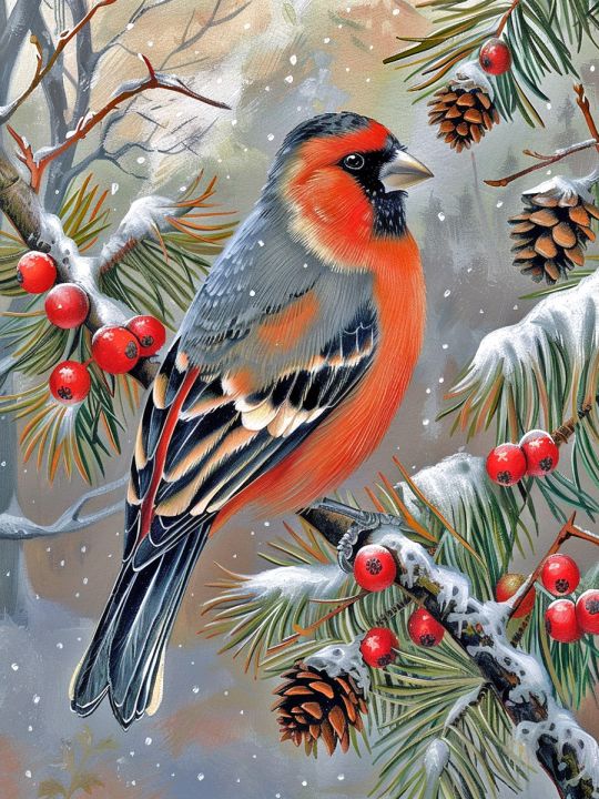 Алмазная мозаика без подрамника «Снегирь» 70x50 см, 49 цветов