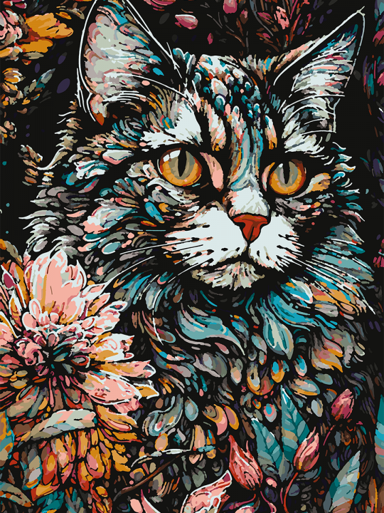 Картина по номерам без подрамника «Цветочный кот» 70x50 см