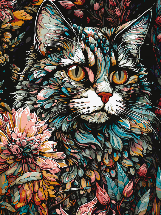 Картина по номерам без подрамника «Цветочный кот» 90x70 см