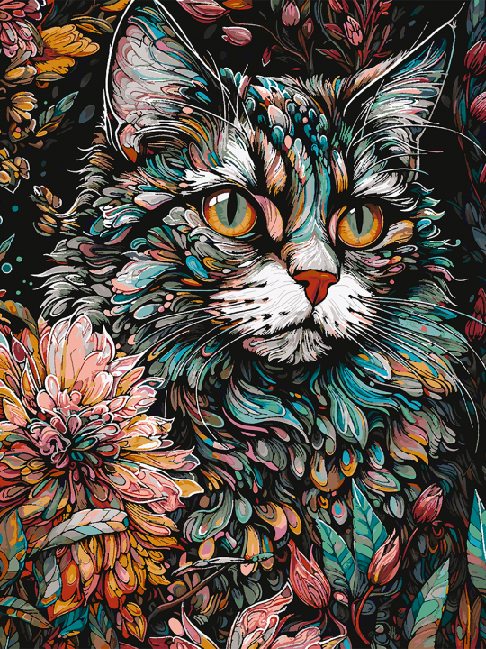 Картина по номерам без подрамника «Цветочный кот» 130x100 см