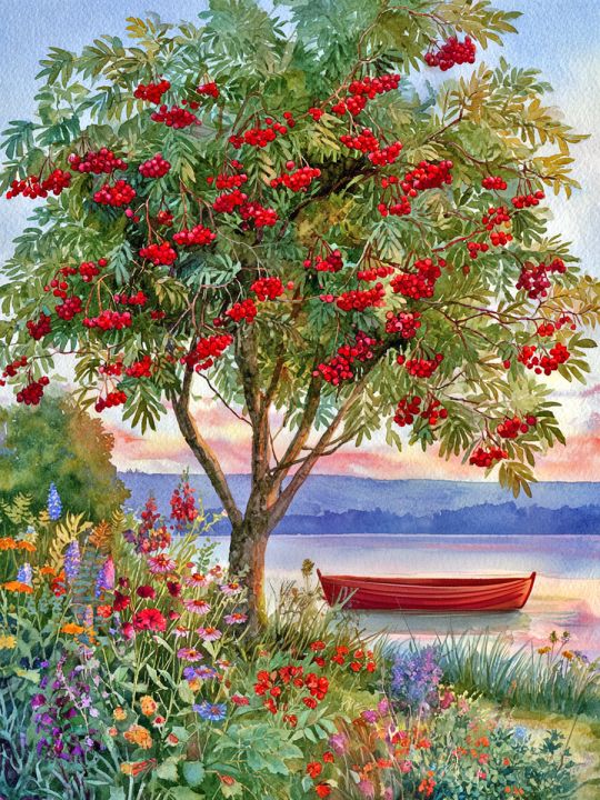 Алмазная мозаика без подрамника «Рябина у реки» 40x30 см