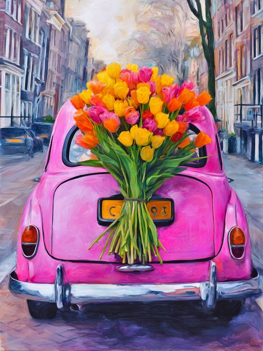 Алмазная мозаика без подрамника «Авто с цветами» 40x30 см