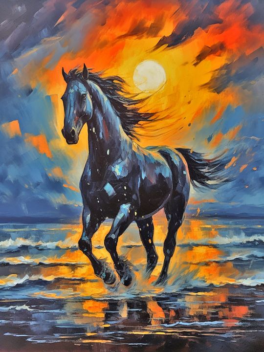 Алмазная мозаика без подрамника «Чёрный конь» 90x70 см