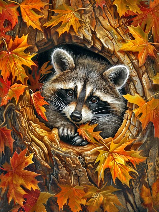 Алмазная мозаика без подрамника «Енот и осень» 90x70 см, 45 цветов