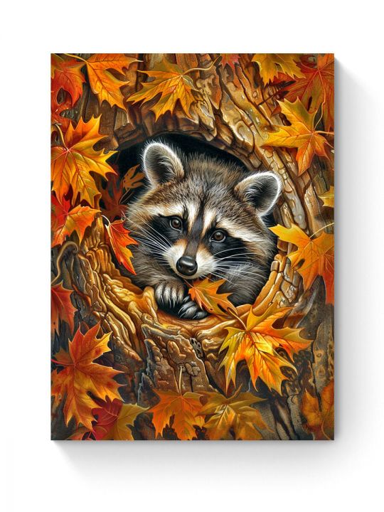 Алмазная мозаика на подрамнике «Енот и осень» 70x50 см, 46 цветов