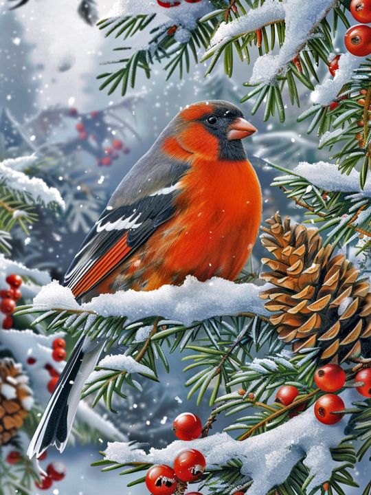 Алмазная мозаика без подрамника «Зимняя птичка» 90x70 см