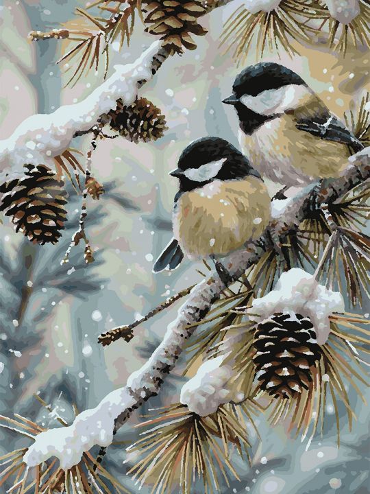 Картина по номерам без подрамника «Синички зимой» 70x50 см