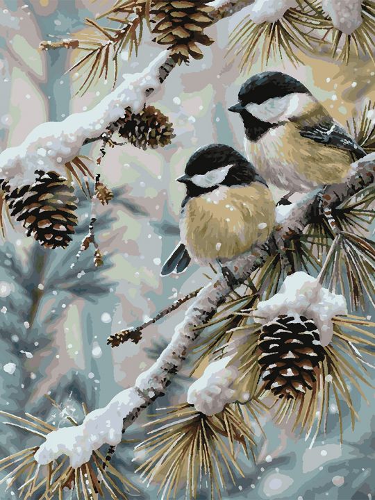 Картина по номерам без подрамника «Синички зимой» 80x60 см