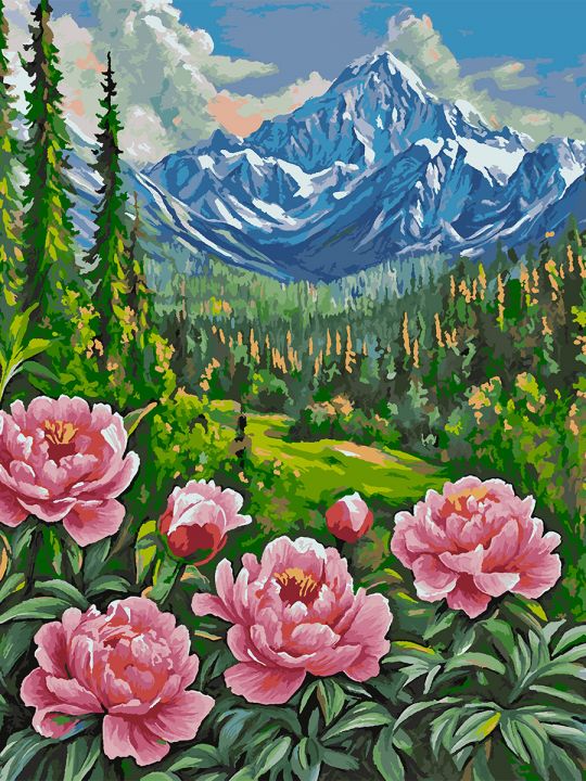 Картина по номерам без подрамника «Пионы в горах» 130x100 см