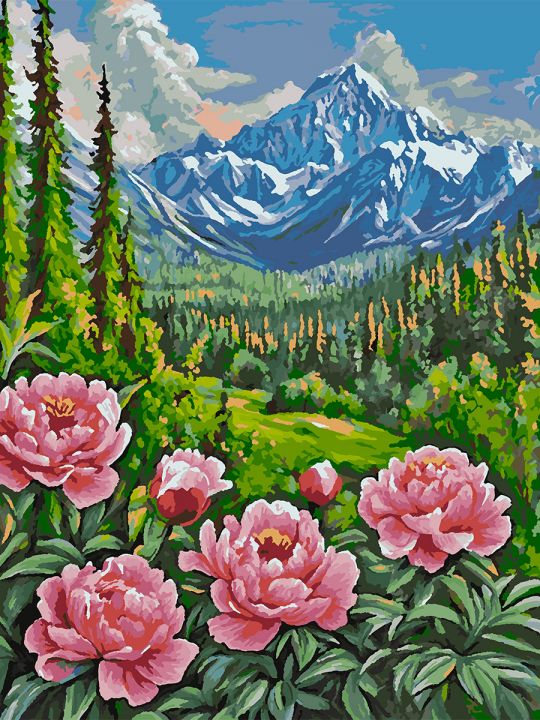 Картина по номерам без подрамника «Пионы в горах» 80x60 см
