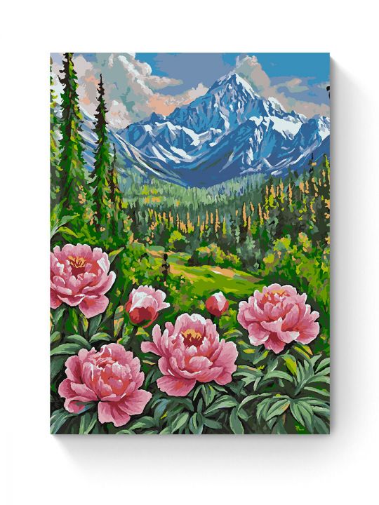 Картина по номерам на подрамнике «Пионы в горах» 90x70 см