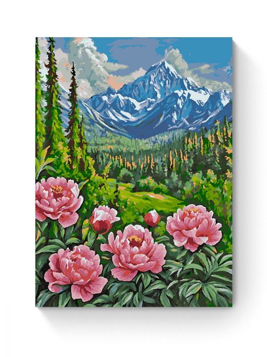 Картина по номерам на подрамнике «Пионы в горах» 80x60 см