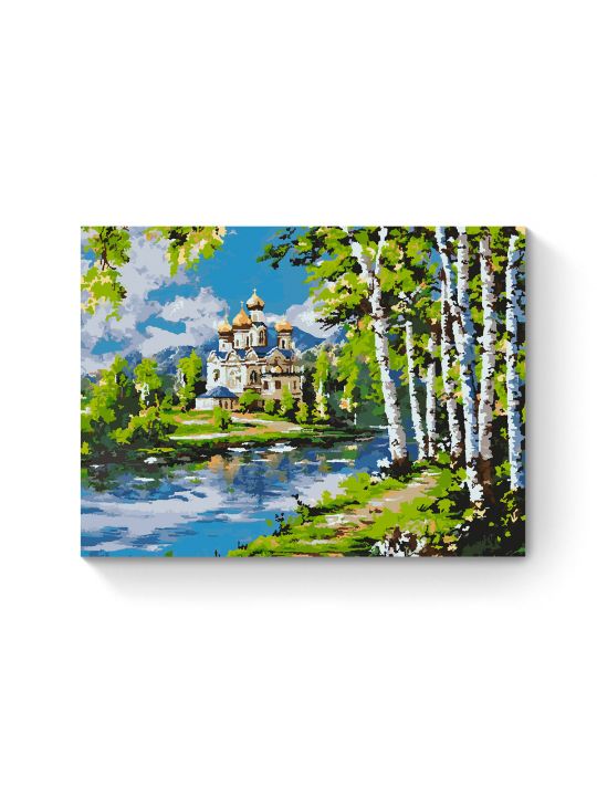 Картина по номерам на подрамнике «Храм у реки» 90x70 см