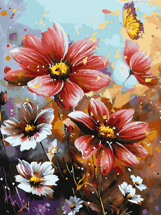 Картина по номерам без подрамника «Красные цветы» 90x70 см