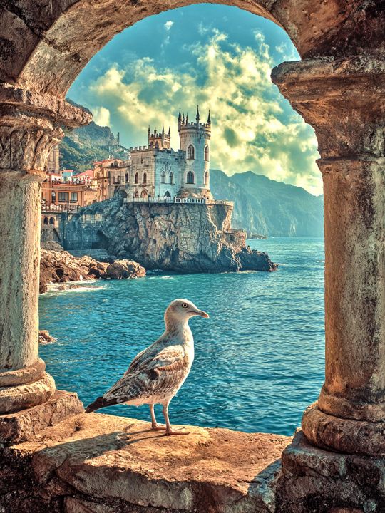 Алмазная мозаика без подрамника «Замок у моря» 130x100 см