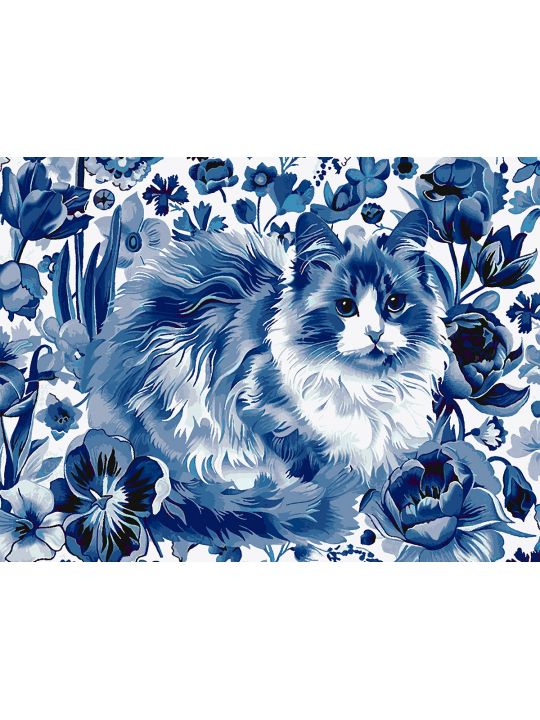 Картина по номерам без подрамника «Кошка Гжель» 130x100 см