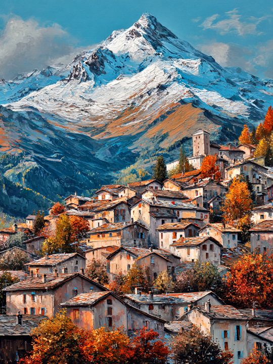 Алмазная мозаика без подрамника «Городок в горах» 90x70 см