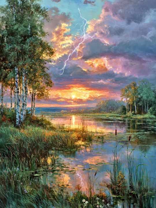 Алмазная мозаика без подрамника «Гроза над рекой» 130x100 см