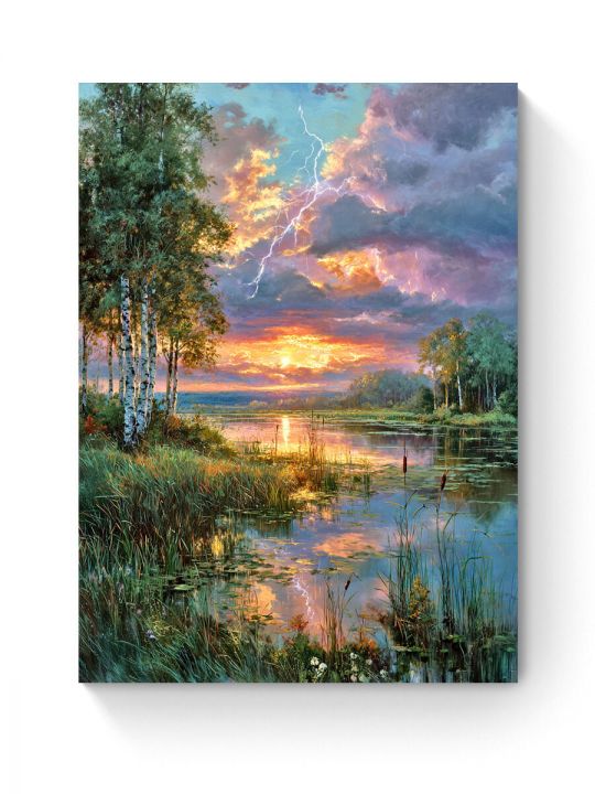 Алмазная мозаика на подрамнике «Гроза над рекой» 40x30 см, 49 цветов