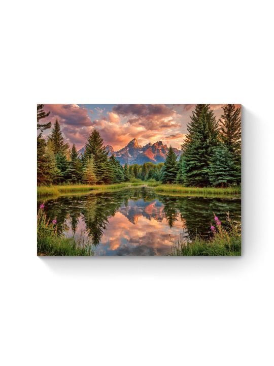 Алмазная мозаика на подрамнике «Закат на озере» 50x40 см, 49 цветов