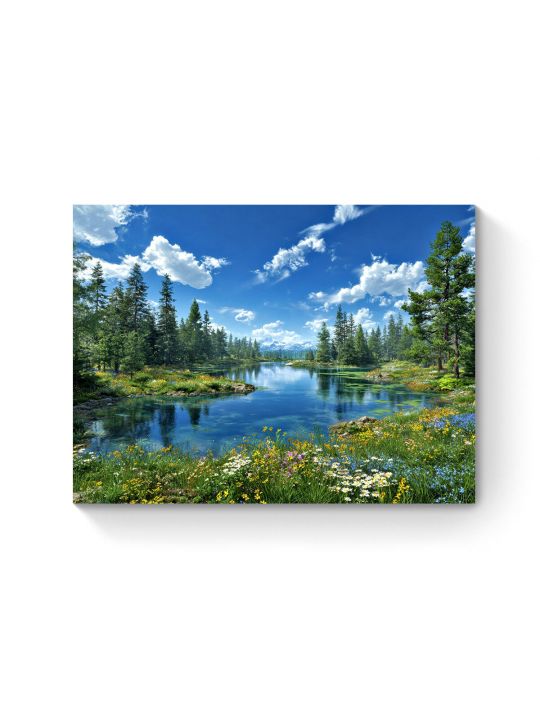 Алмазная мозаика на подрамнике «Лесное озеро» 70x50 см, 50 цветов