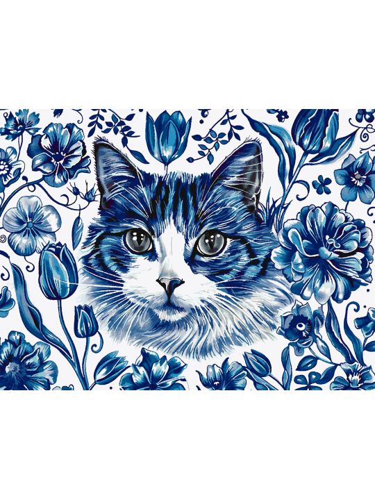 Картина по номерам без подрамника «Кошка Гжель» 130x100 см