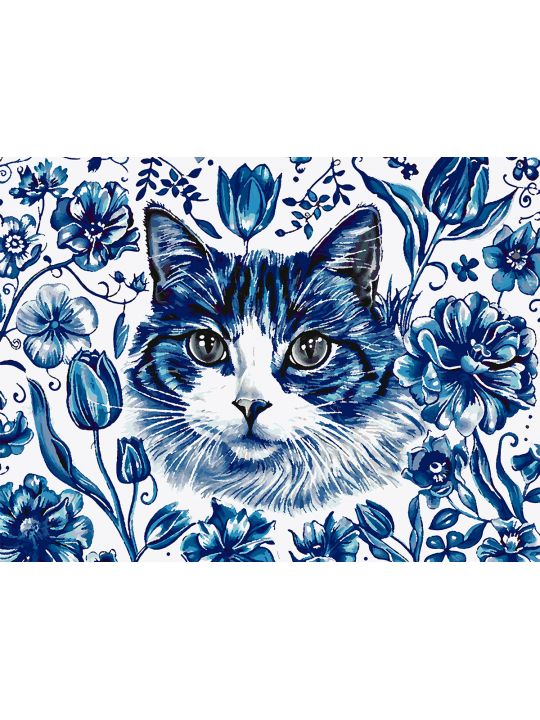 Картина по номерам без подрамника «Кошка Гжель» 80x60 см