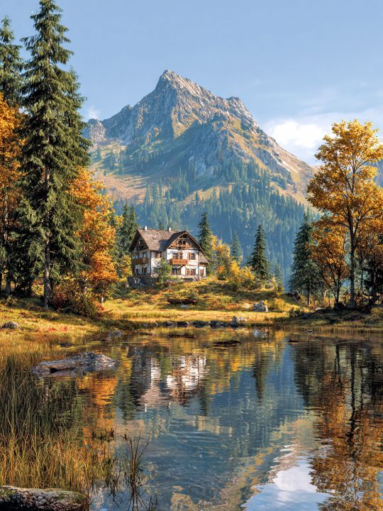 Алмазная мозаика без подрамника «Домик в горах» 70x50 см, 50 цветов