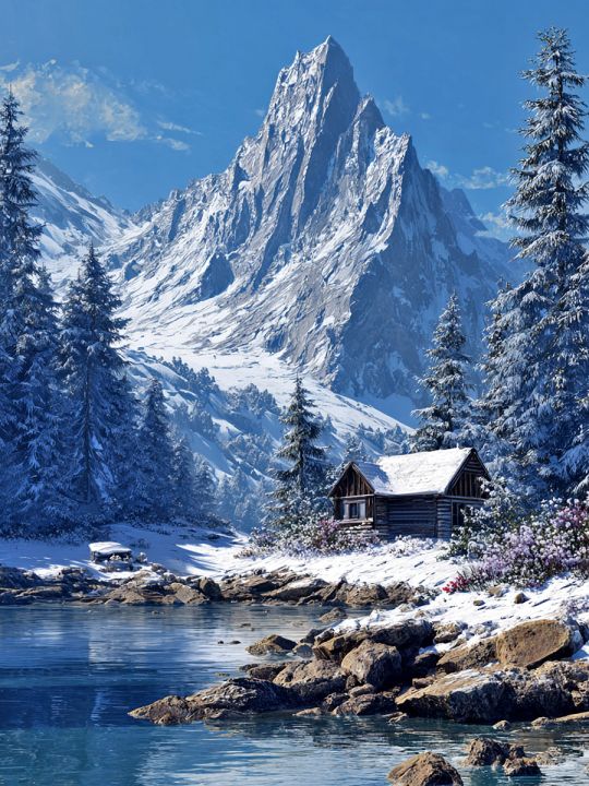 Алмазная мозаика без подрамника «Зима в горах» 90x70 см