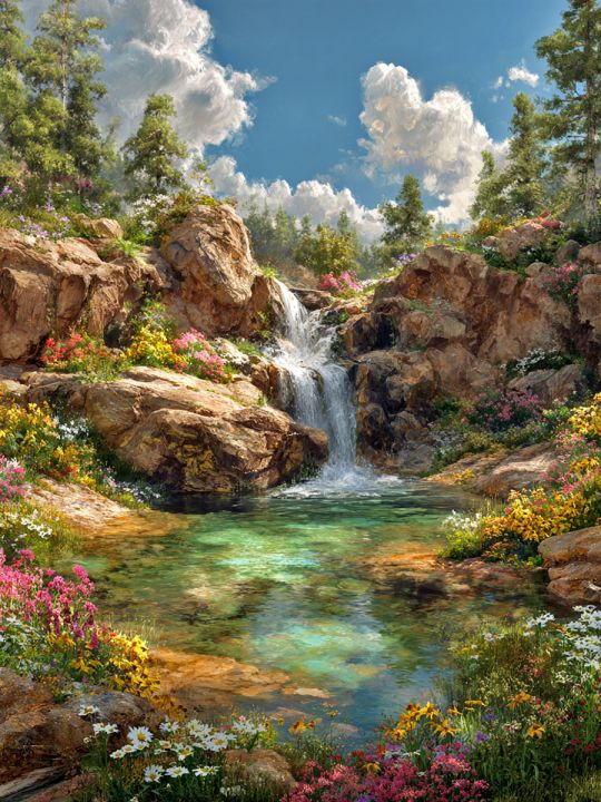 Алмазная мозаика без подрамника «Горный ручей» 40x30 см