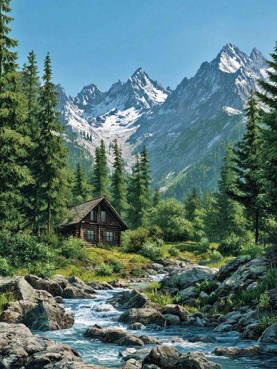 Алмазная мозаика без подрамника «Домик в горах» 40x30 см