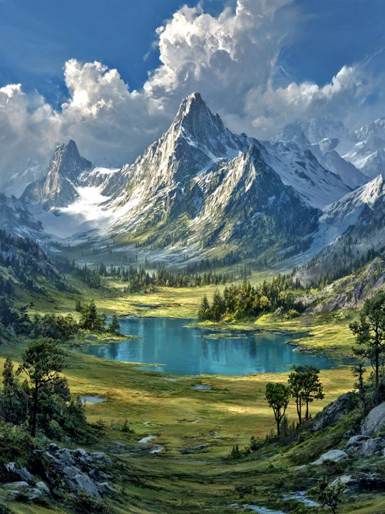 Алмазная мозаика без подрамника «Горная долина» 50x40 см