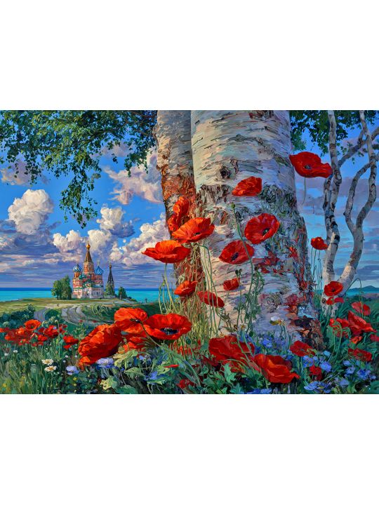 Алмазная мозаика без подрамника «Маки у берёз» 40x30 см